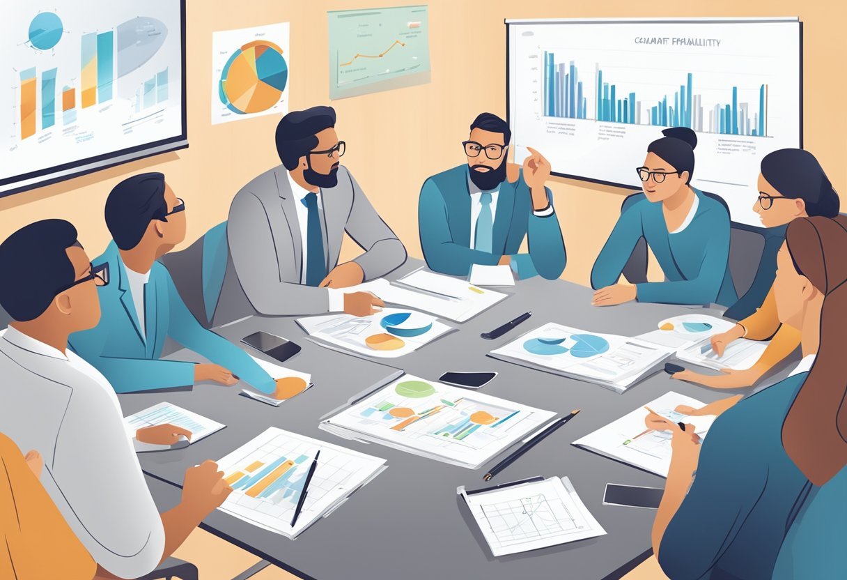 A group of people discussing and analyzing multifamily properties, with charts and graphs on a table, and a whiteboard filled with strategic plans and ideas