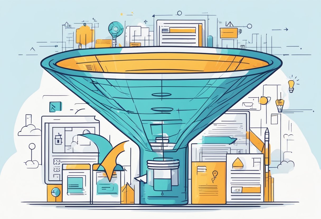 A funnel with arrows pointing from marketing to sales, online icons, and blueprint sketches