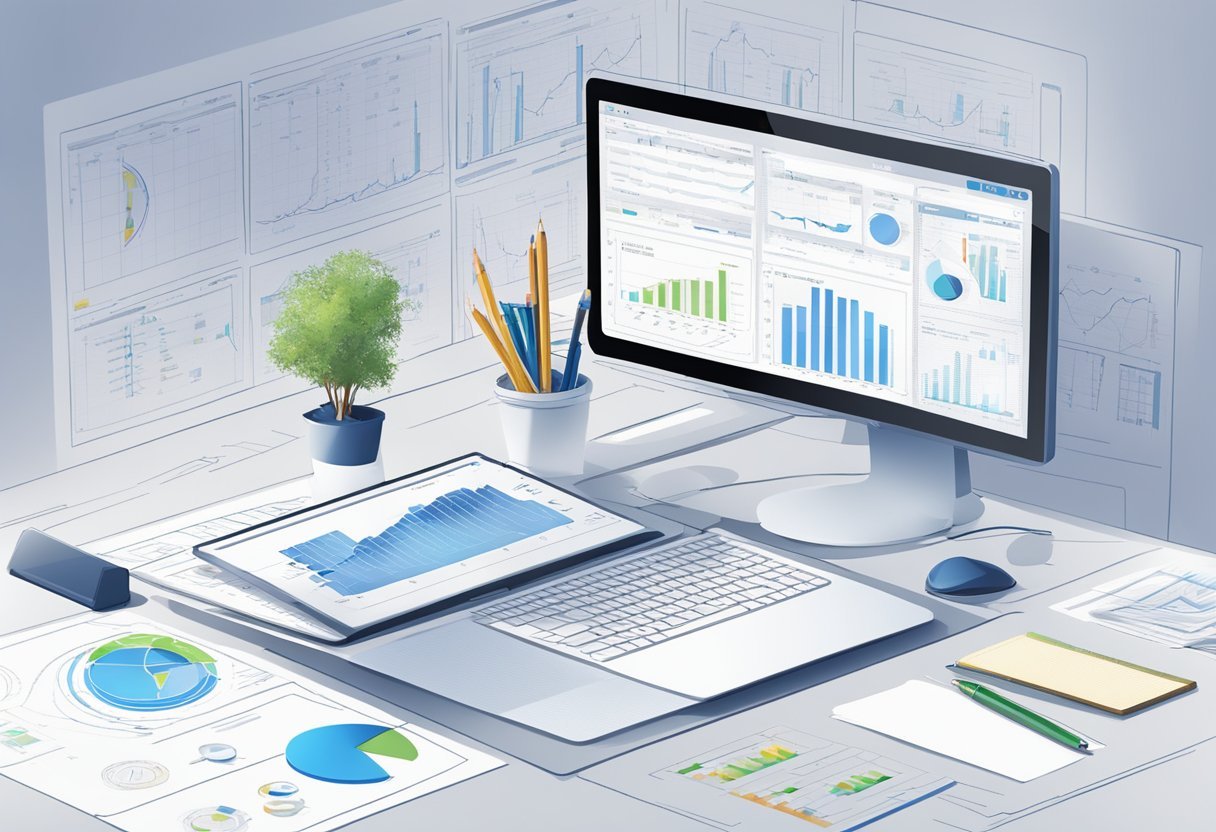 A computer screen displaying a blueprint review with graphs and data, surrounded by a desk with a pen and notebook