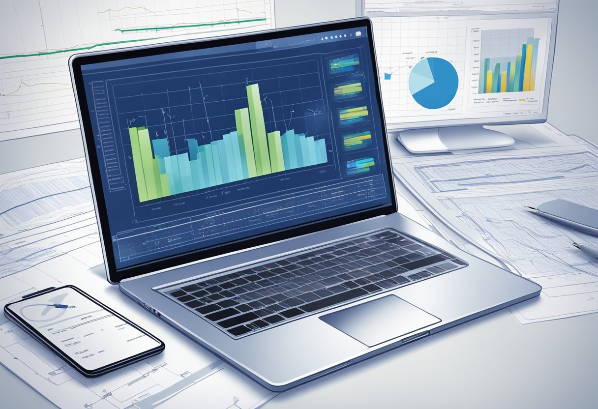 A computer screen displays a detailed blueprint of Financial Insights Online, with charts and graphs illustrating data analysis