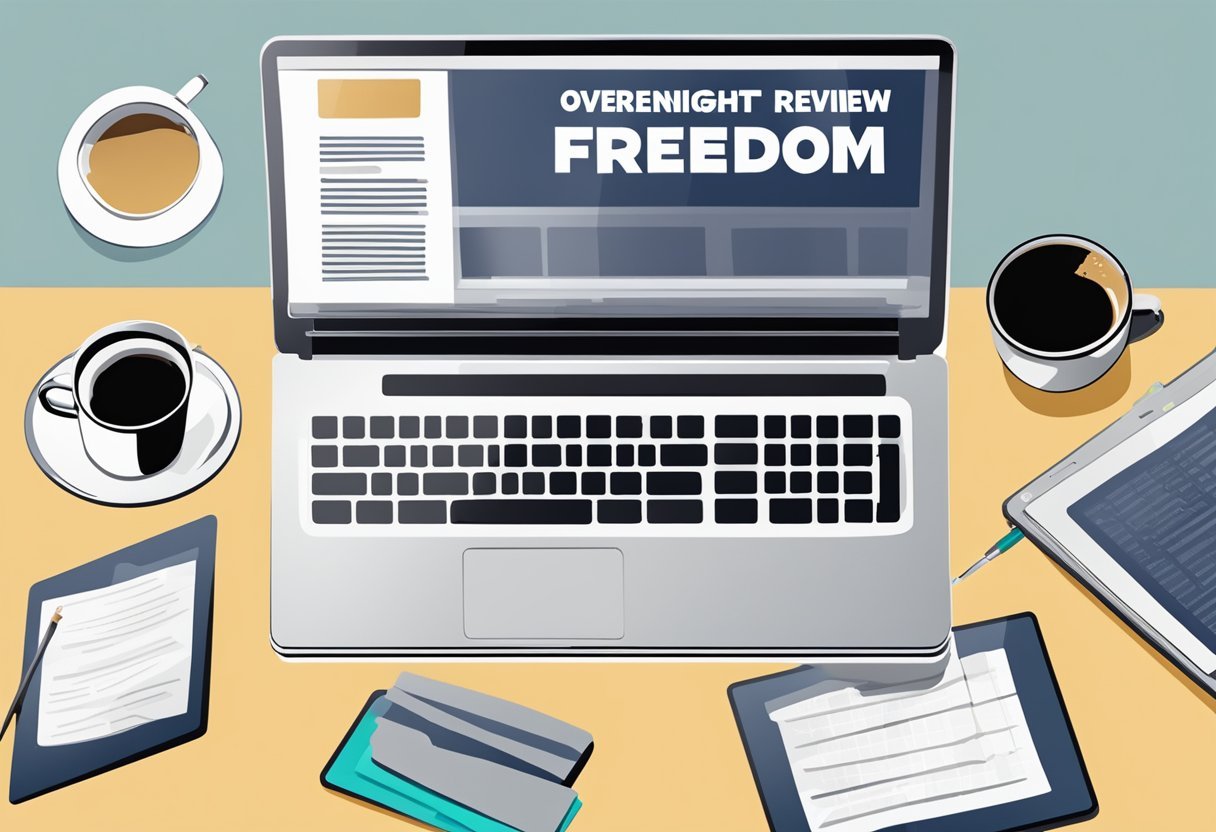 A laptop open on a desk, surrounded by scattered papers and a cup of coffee. The screen displays the words "Overnight Freedom Review" in bold letters