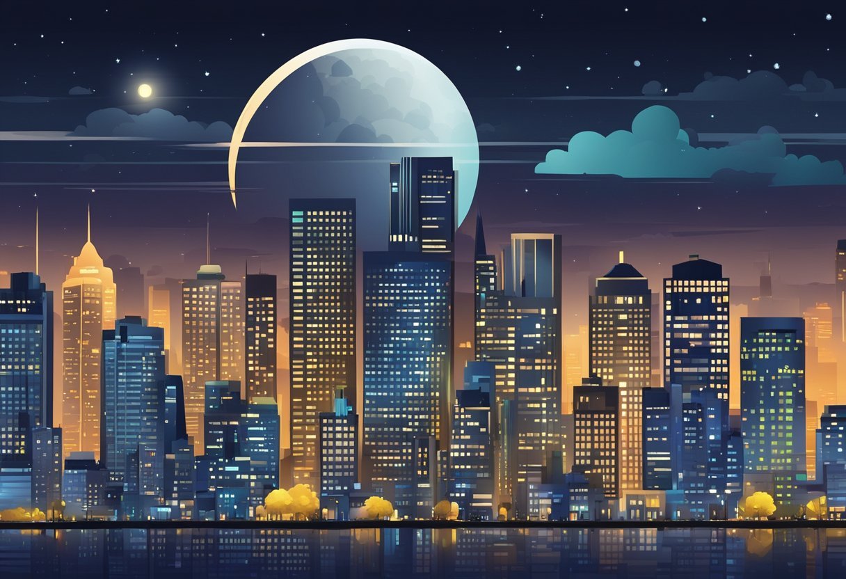 A bustling city skyline at night with bright, illuminated buildings and a glowing moon in the background, symbolizing the potential for maximizing profits and financial freedom