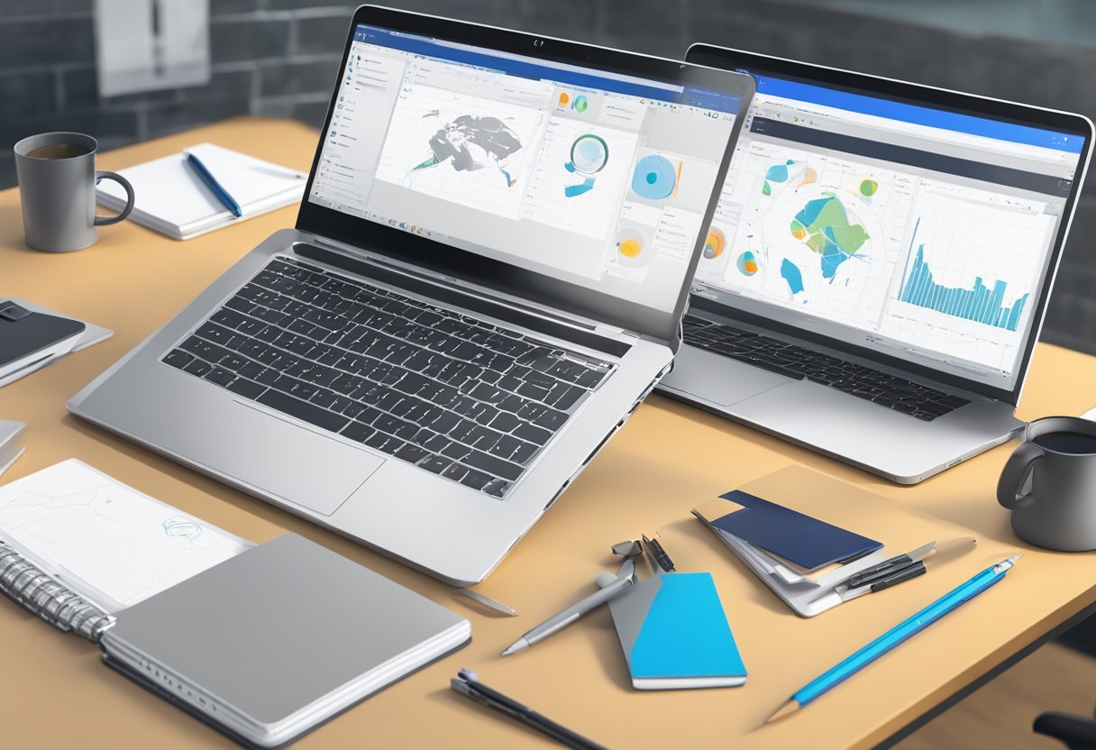 A laptop sits on a desk, surrounded by notebooks and pens. A support team logo is displayed on the screen, with a technical diagram in the background