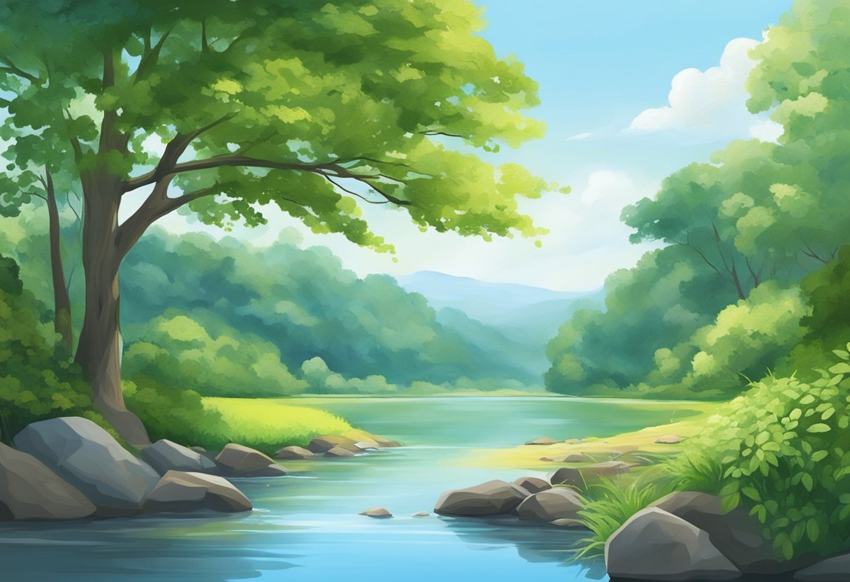 A serene landscape with a tranquil river, lush greenery, and a clear blue sky, evoking a sense of peace and prosperity