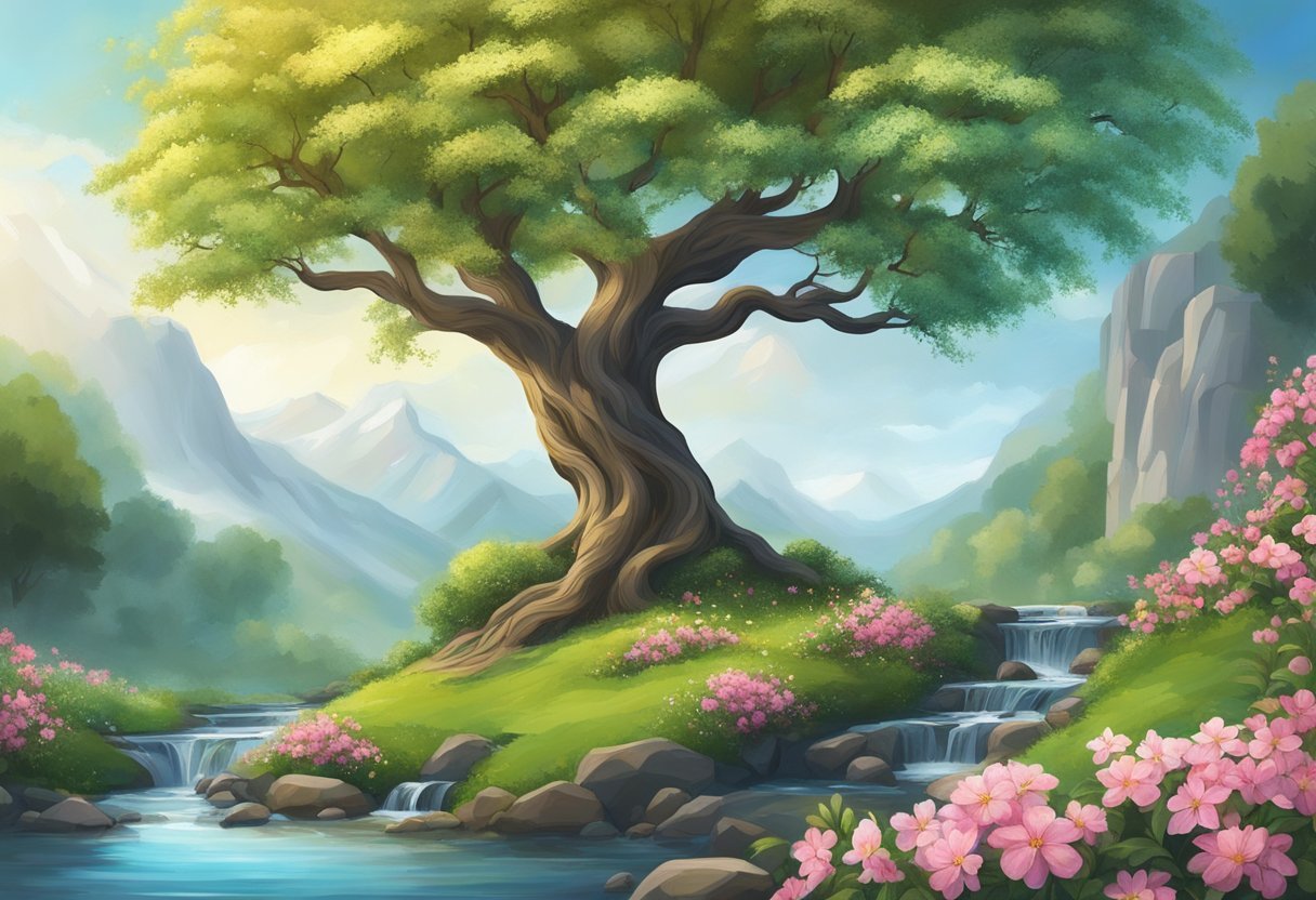 A flourishing tree with branches reaching towards the sky, surrounded by blooming flowers and a stream flowing nearby, symbolizing business growth and peaceful profits