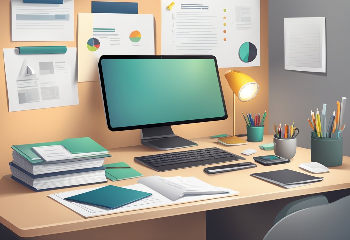 A sleek, modern office desk with a computer, phone, and professional documents neatly organized. A diploma and awards hang on the wall