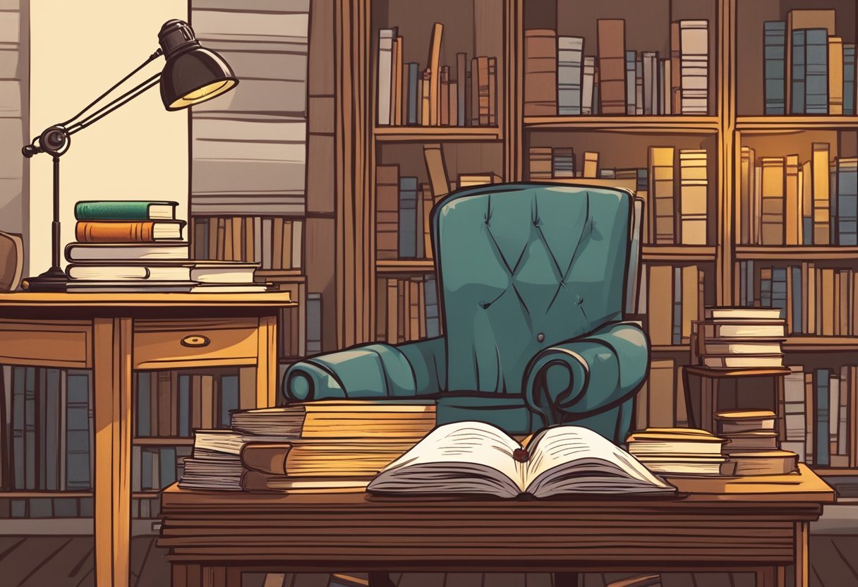 A stack of books on a wooden desk, surrounded by a warm reading lamp and a cozy armchair. A pen and notebook sit nearby, hinting at literary contributions