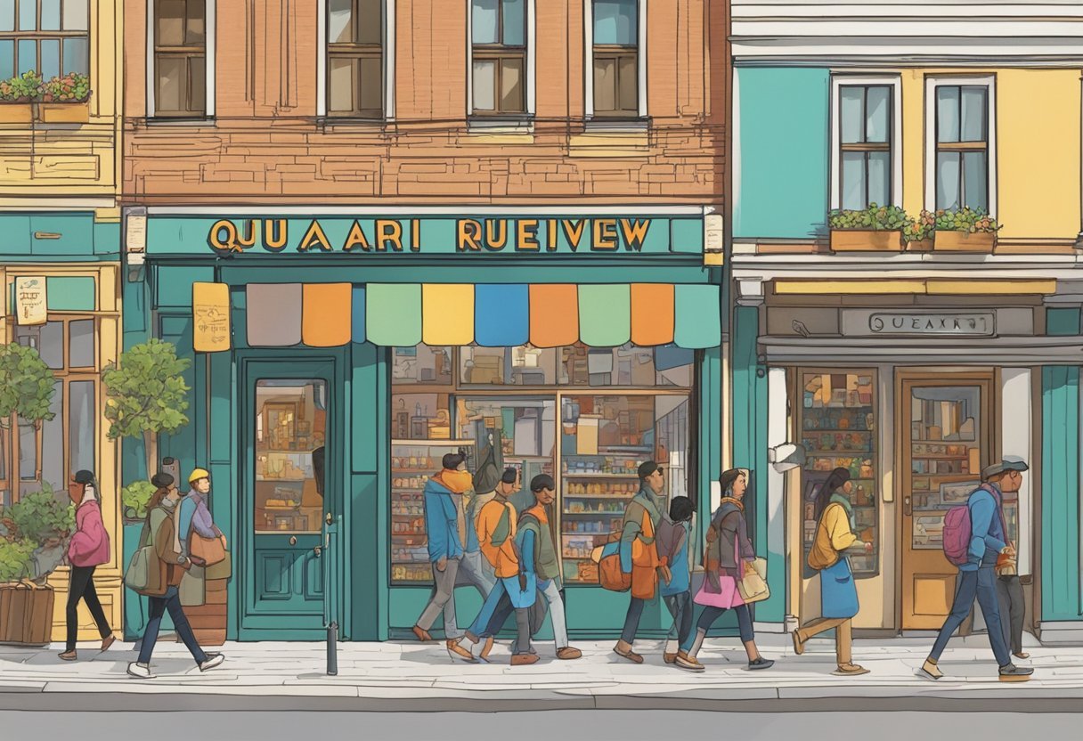 A bustling street with colorful storefronts and people walking by, a sign for Quiari Quiari Review hangs above a busy entrance