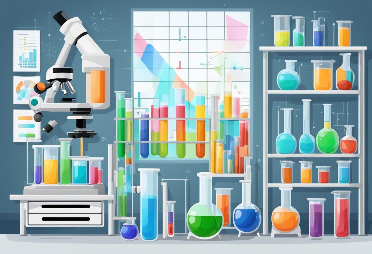 A laboratory with colorful test tubes and beakers, a microscope, and scientific equipment. Charts and graphs on the wall show data analysis