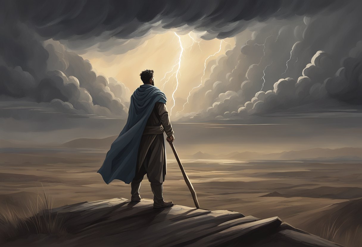 A figure stands in a barren landscape, holding a staff aloft as dark storm clouds gather overhead. The figure's gaze is focused and determined, ready to take on the Rainmaker Challenge