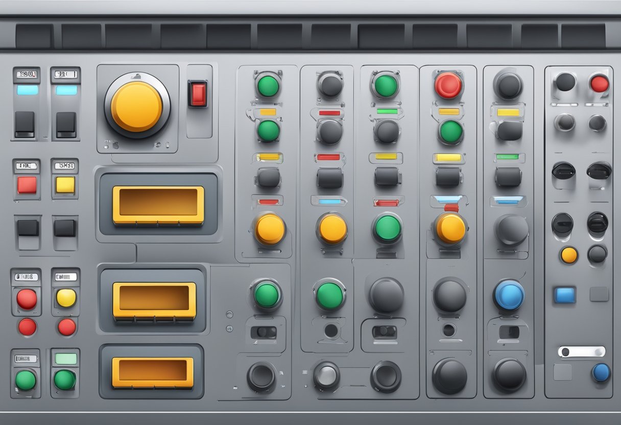 A control panel with various buttons and switches, connected to a network of machinery and equipment