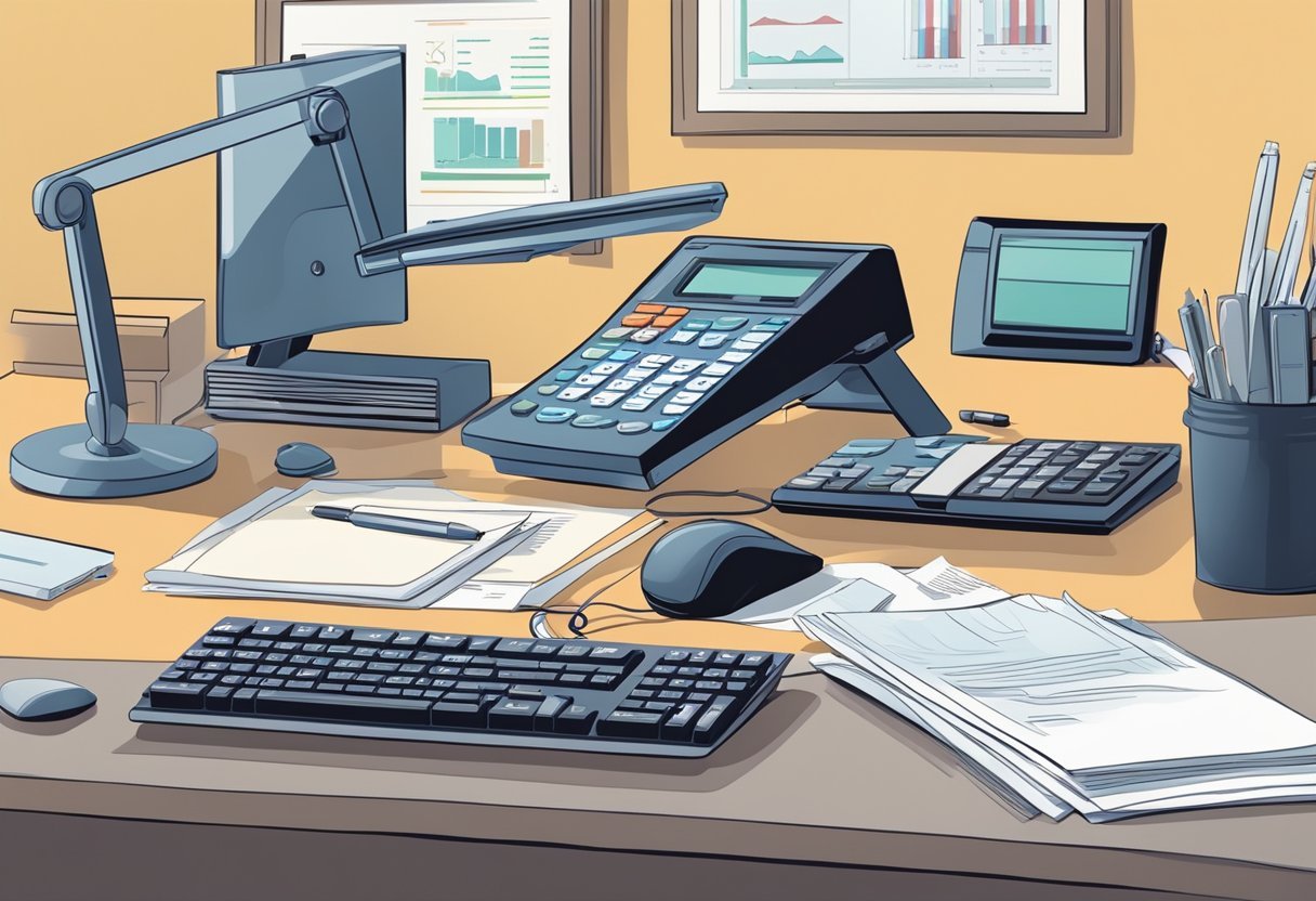 A desk with a computer, calculator, and financial documents. A person's hand operates a remote automator