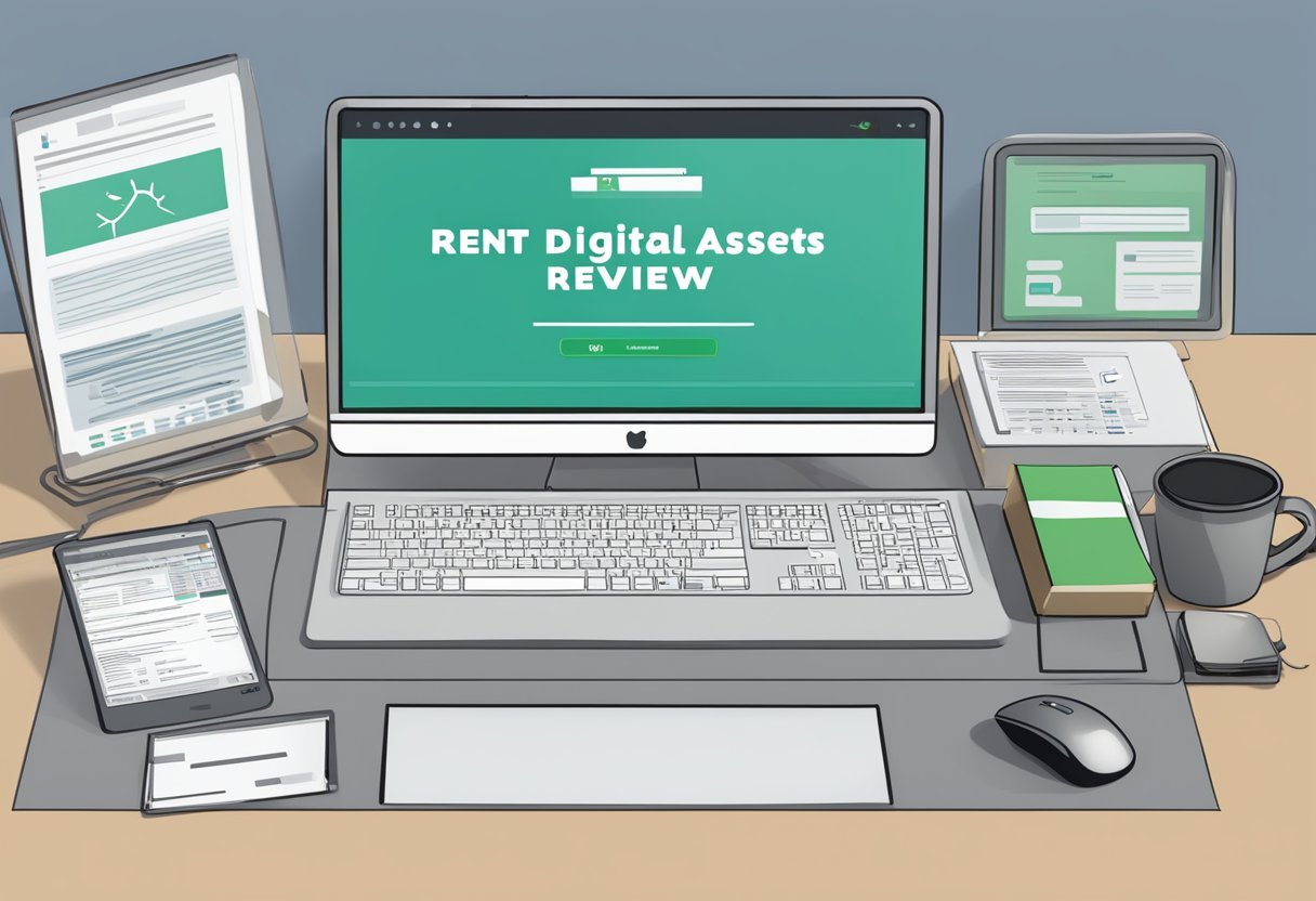 A computer screen displaying "Rent Digital Assets Review" with a keyboard and mouse beside it