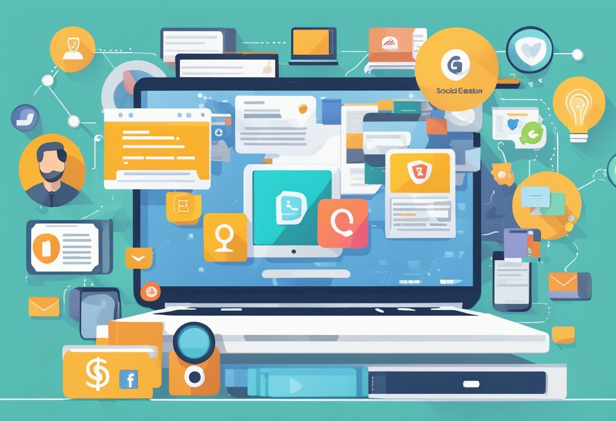 A laptop surrounded by various digital assets, such as social media icons, websites, and email marketing graphics. A "lead generation strategies" banner hangs in the background