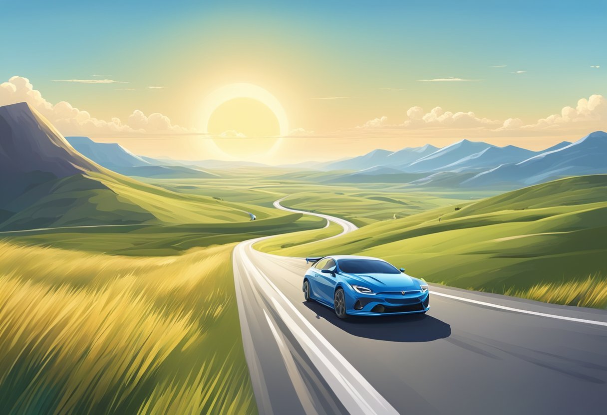 A speeding car races down a winding road, surrounded by a vast expanse of open fields and distant mountains under a clear blue sky