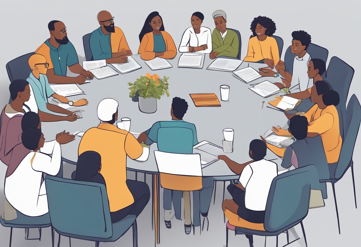 A group of diverse individuals gather around a table, engaged in lively conversation, while a mentor leads the discussion. The room is filled with energy and enthusiasm as the participants exchange ideas and support each other