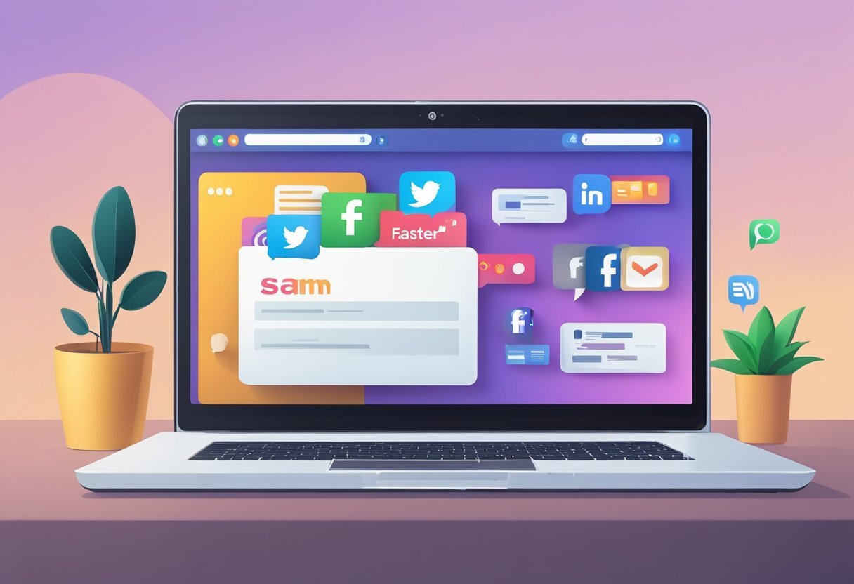 A laptop displaying social media icons and online platforms, with the name "Sam Faster Freedom Review" on the screen