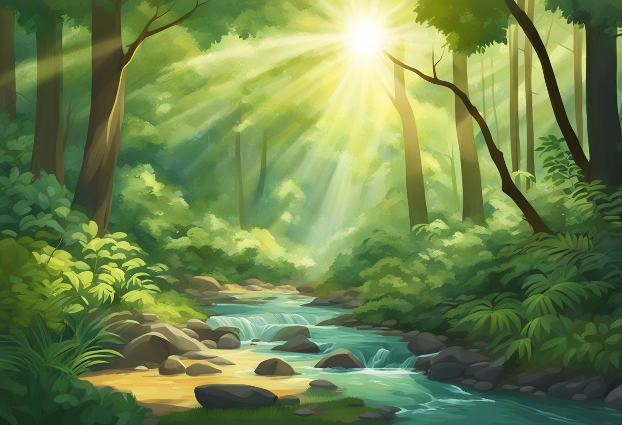 A lush green forest with diverse plant life, birds chirping, and a flowing stream. The sun shines through the canopy, creating dappled light on the forest floor