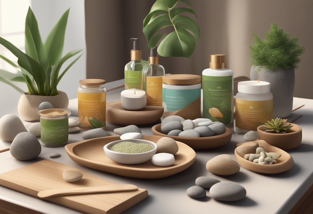 A table with Simply Naturals products neatly arranged, surrounded by natural elements like plants and stones, with a warm and inviting atmosphere