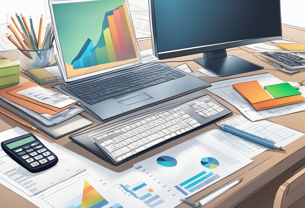 A desk with a computer, calculator, and financial reports. A chart showing sales performance. A stack of commission and bonus checks