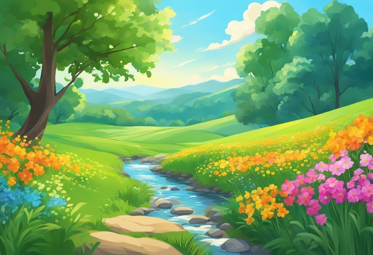 A lush green field with vibrant flowers, a clear blue sky, and a gentle breeze. A stream runs through the landscape, reflecting the sun's rays