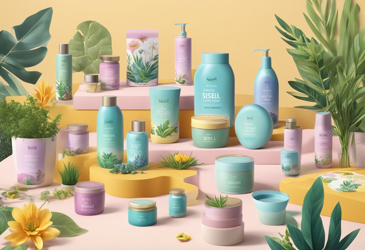 A table filled with various Sisel products, arranged neatly with vibrant packaging and labels, surrounded by natural elements like plants and flowers