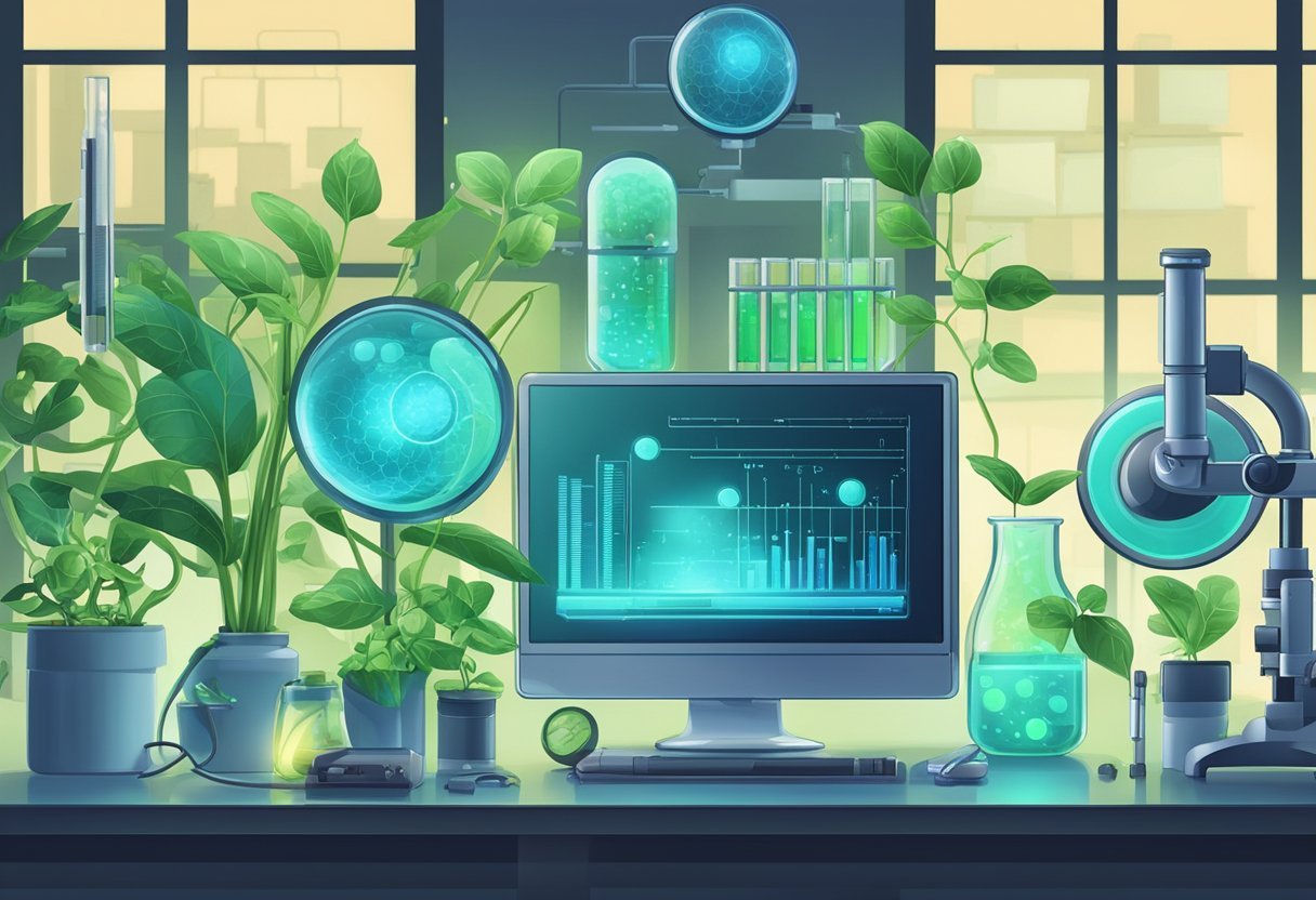 A laboratory with glowing test tubes and scientific equipment, a microscope focused on a plant cell, and a computer screen displaying research data