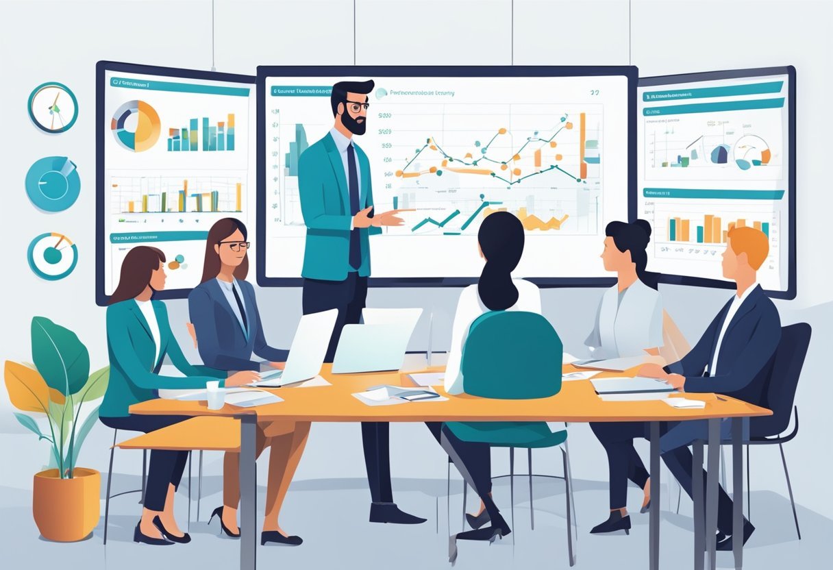 A group of professionals discussing the Stemtech business model, with charts and graphs displayed on a whiteboard