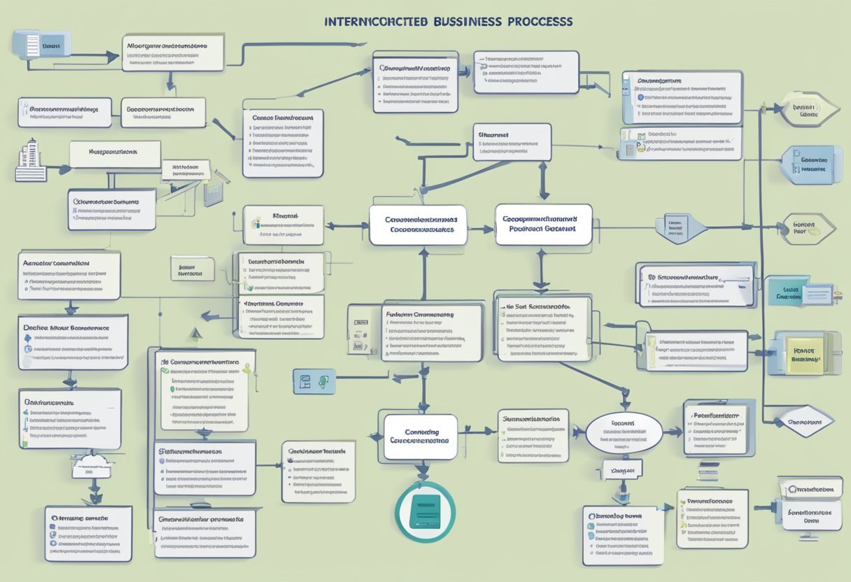 A flowchart showing interconnected business processes, with arrows indicating the flow of information and resources. Various departments and functions are labeled, highlighting the comprehensive nature of the business model