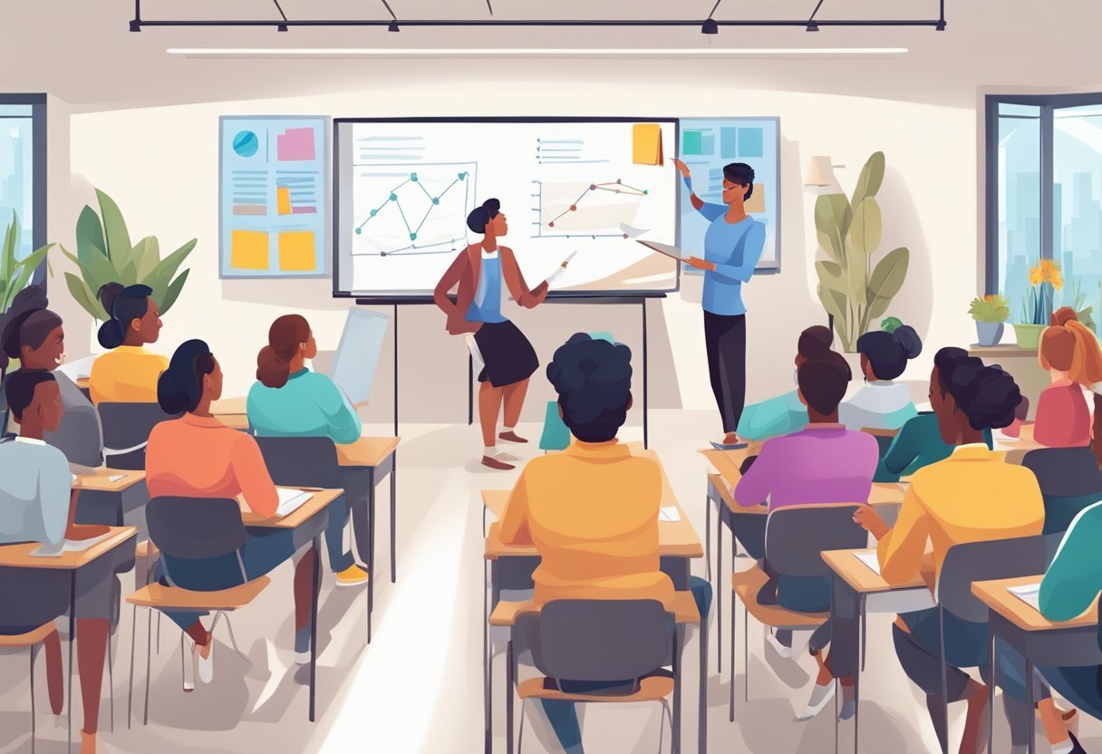 A classroom with a whiteboard filled with strategic teachings, surrounded by engaged students taking notes and discussing success concepts