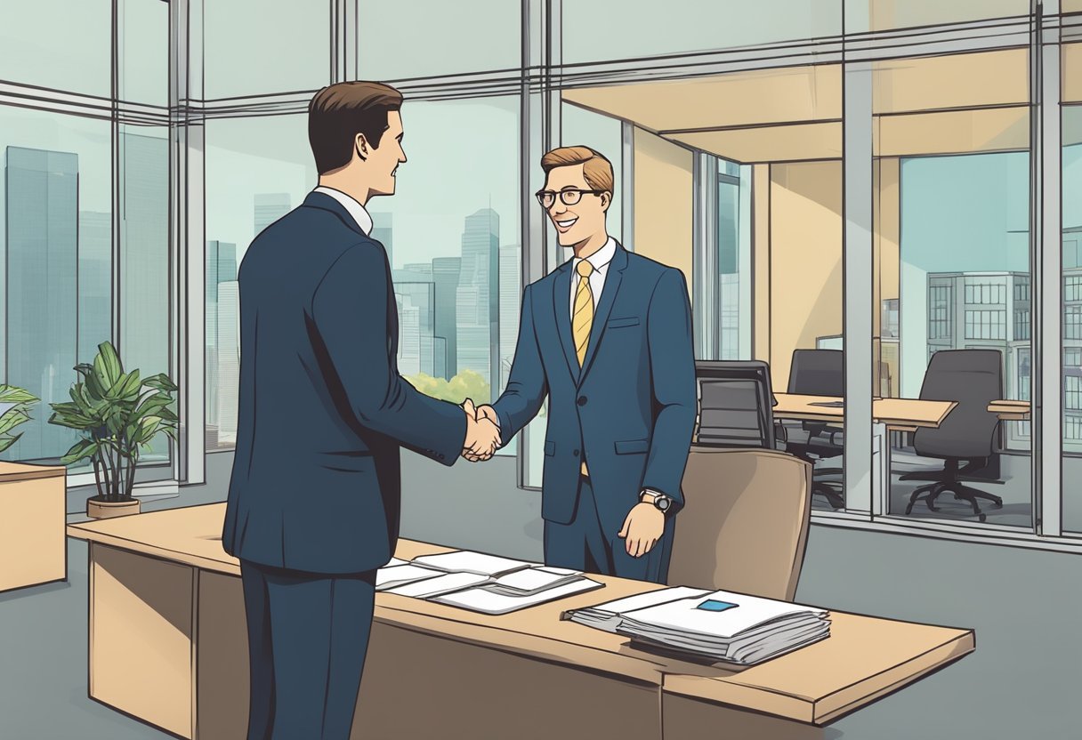 A professional in a business suit shaking hands with a satisfied client, with a backdrop of a modern office setting and a sign that reads "Successwithjeffbaxter"