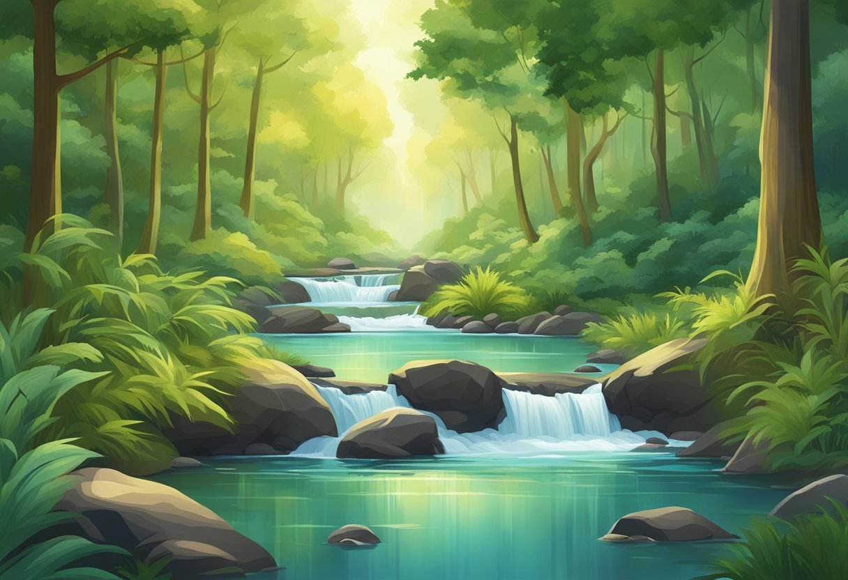 A serene forest with a flowing stream, lush greenery, and vibrant wildlife, showcasing the harmony of nature