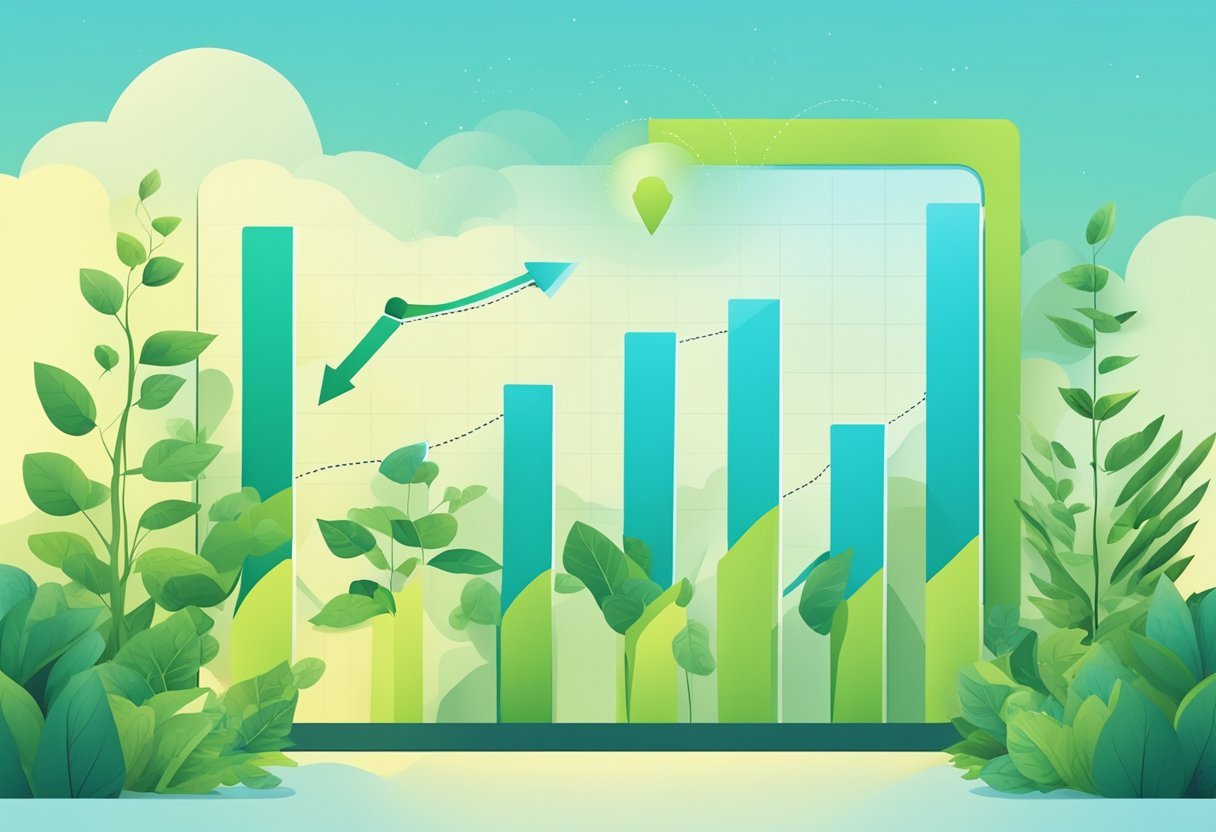 A chart displaying positive outcomes with arrows pointing upwards, surrounded by vibrant green plants and a clear blue sky