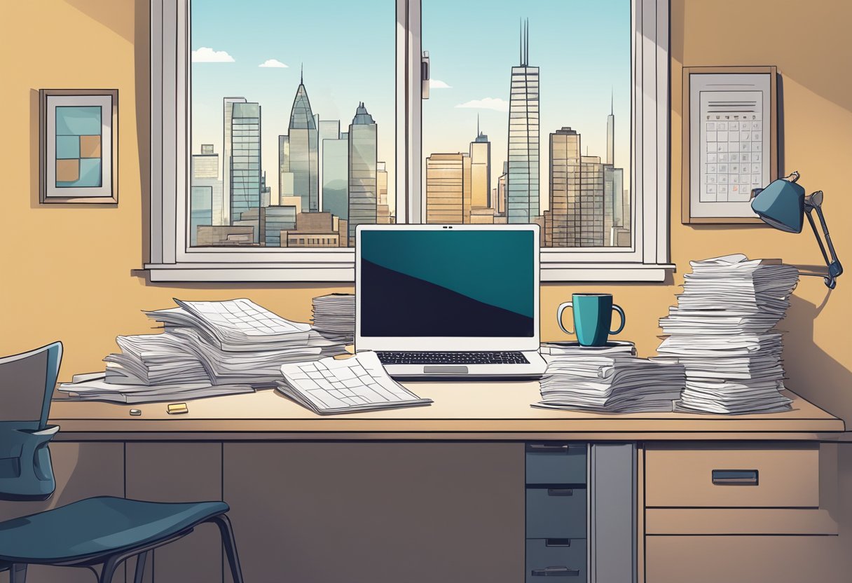 A desk cluttered with papers, a laptop, and a coffee mug. A window reveals a city skyline. A calendar on the wall marks the date