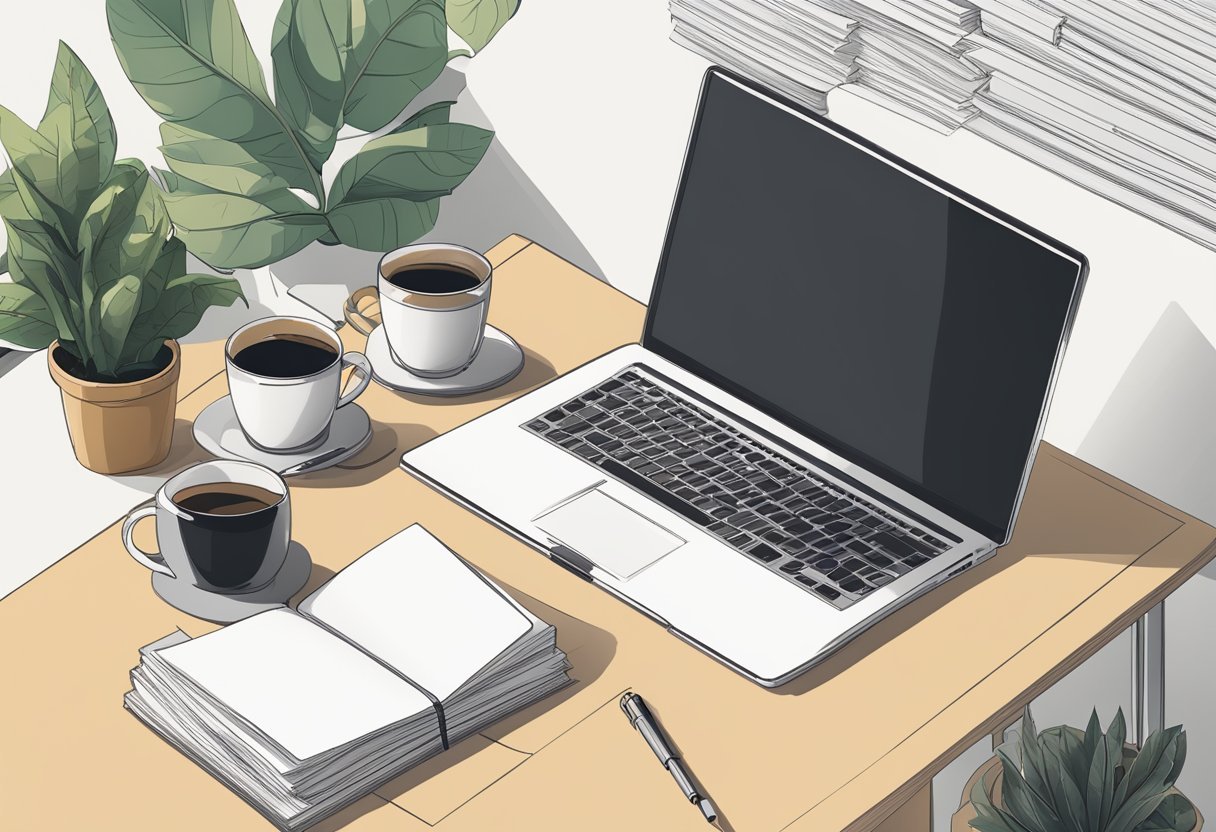 A clutter-free desk with a laptop, notebook, and pen. A cup of coffee sits next to a stack of papers labeled "The Simplest Biz Review."