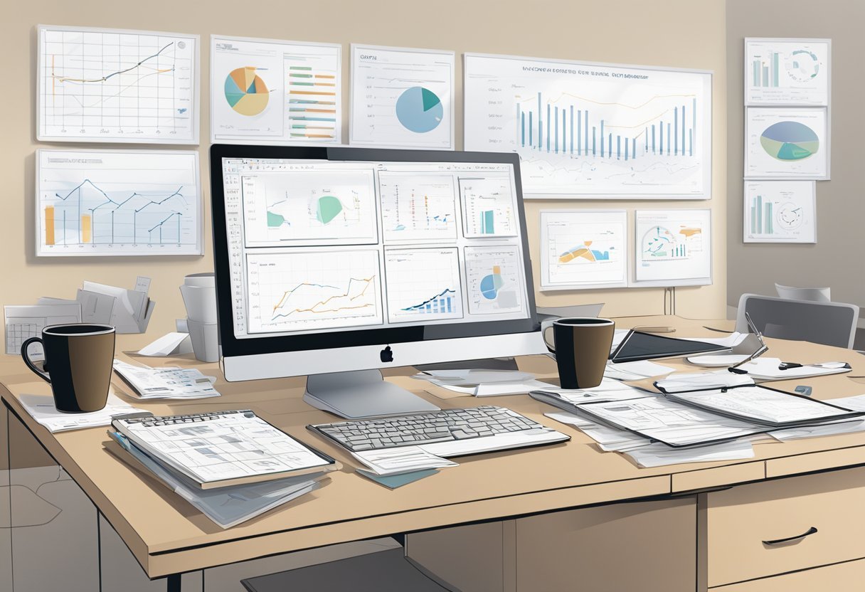 A cluttered desk with scattered papers, a computer monitor displaying data charts, and a cup of coffee. A whiteboard with strategic diagrams in the background