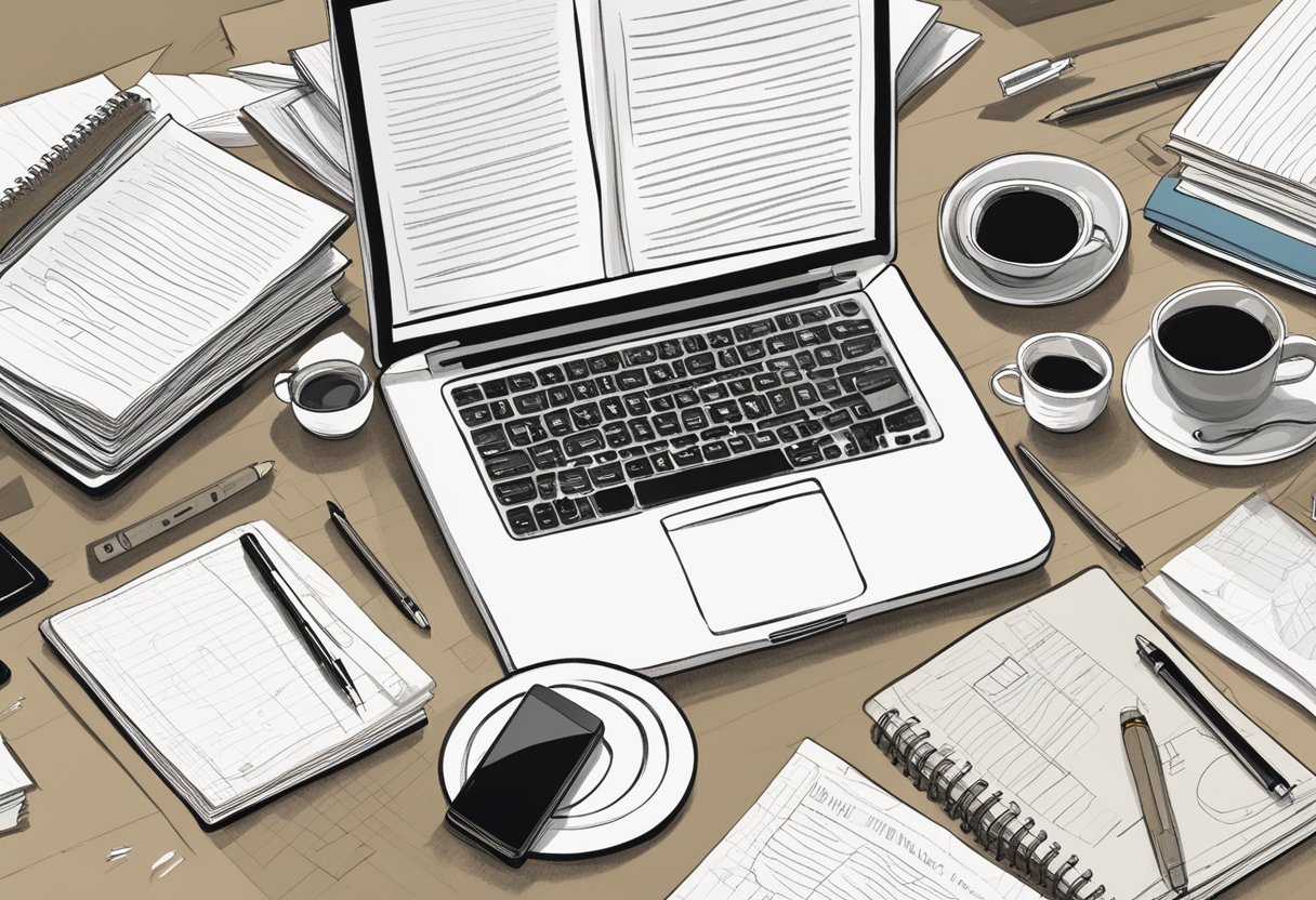 A desk cluttered with papers, a laptop, and a coffee mug. A person scribbling notes with a furrowed brow. An open book titled "Business Practices Review."