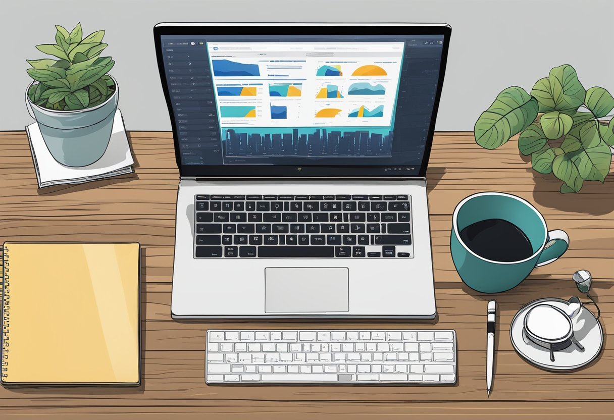 A laptop displaying Tom Gentile's review surrounded by stock market charts and a cup of coffee on a desk