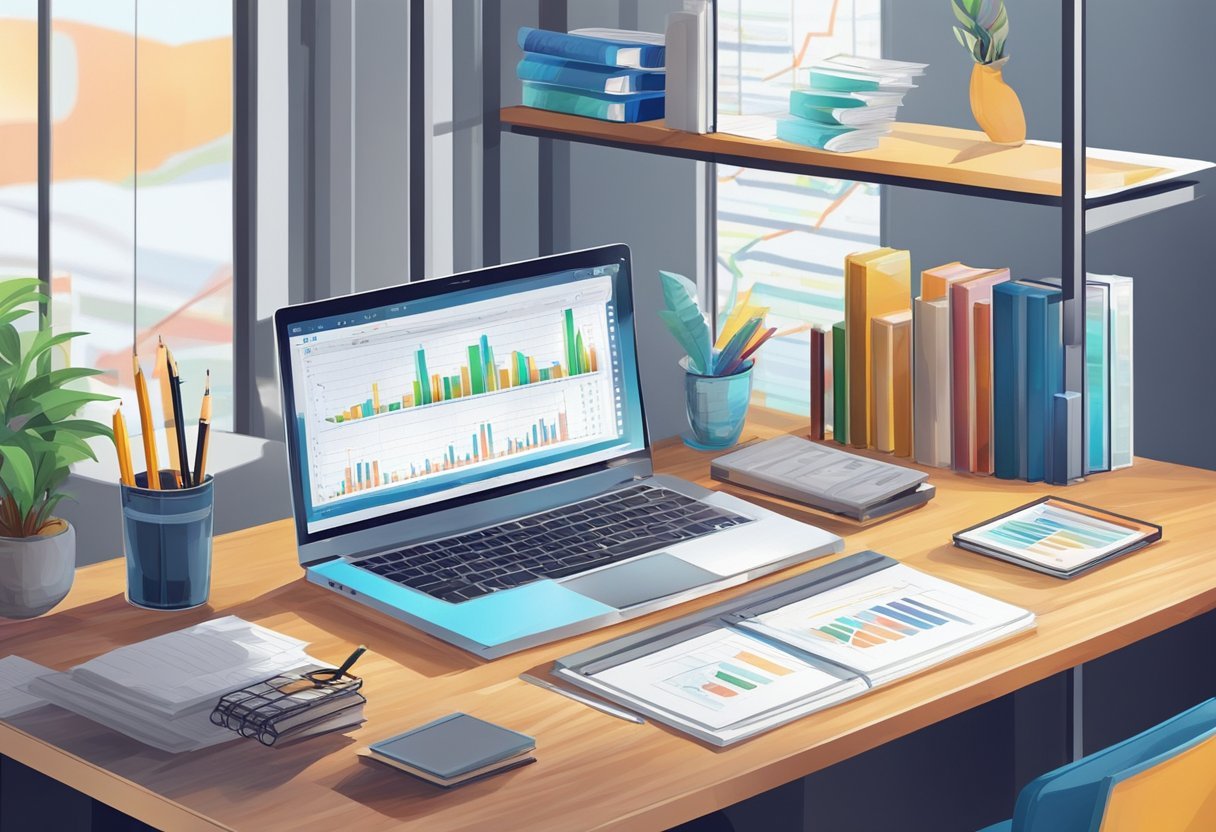 A desk with a laptop, notepad, and pen. A bookshelf with finance and investing books. Wall art of stock charts and graphs