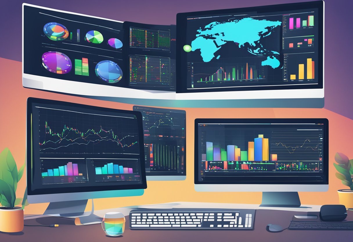 Multiple computer screens displaying various trading platforms and services, with charts, graphs, and financial data. An array of technical indicators and analysis tools are visible on the screens