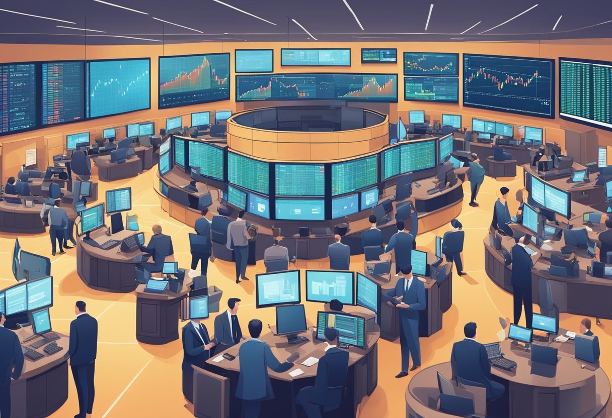 A bustling stock exchange floor with traders analyzing charts and executing trades, while market data scrolls on digital screens