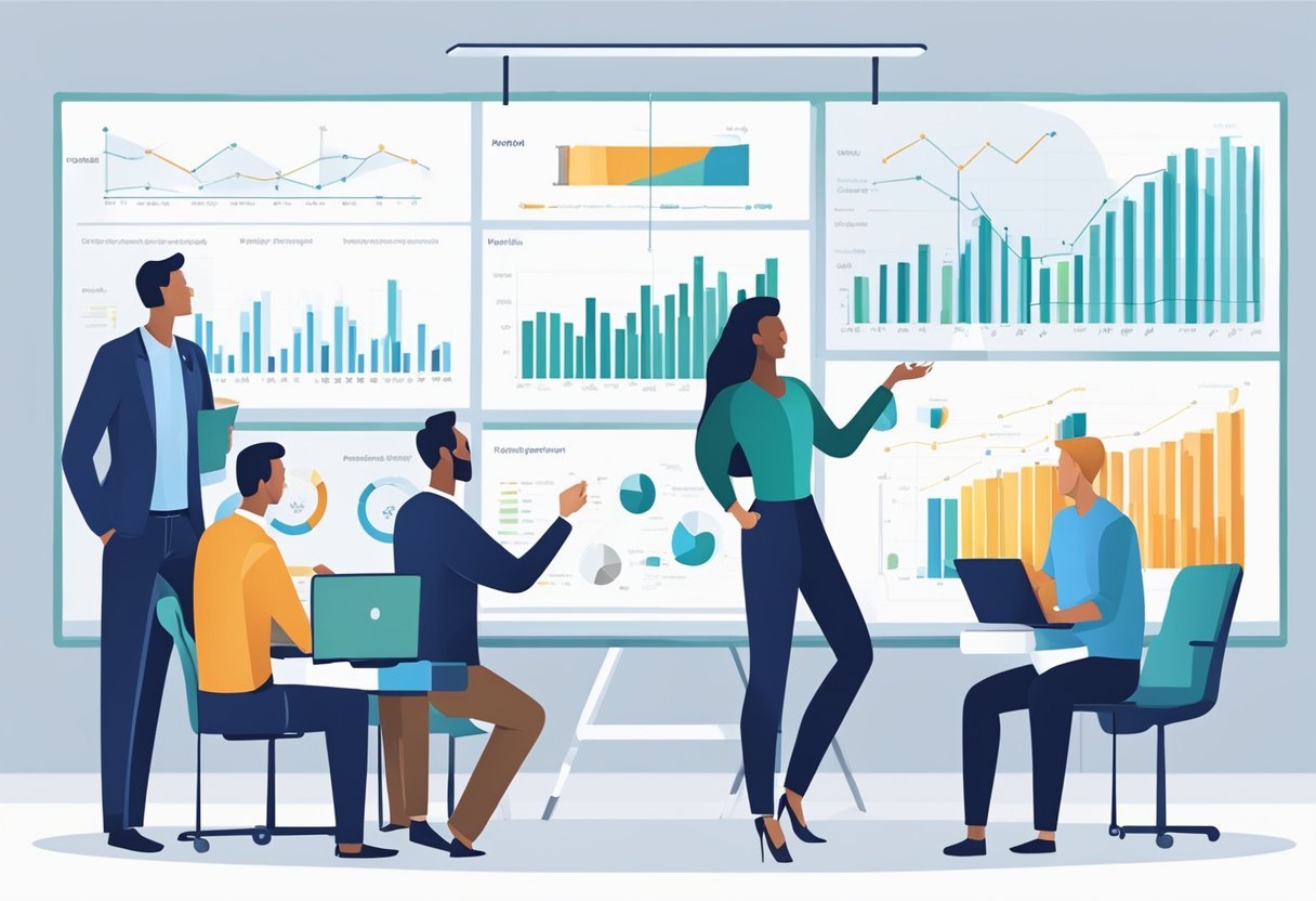 A group of people gathered around a presentation board, discussing the Tranont MLM business model. Charts and graphs are displayed, showing the company's structure and compensation plan