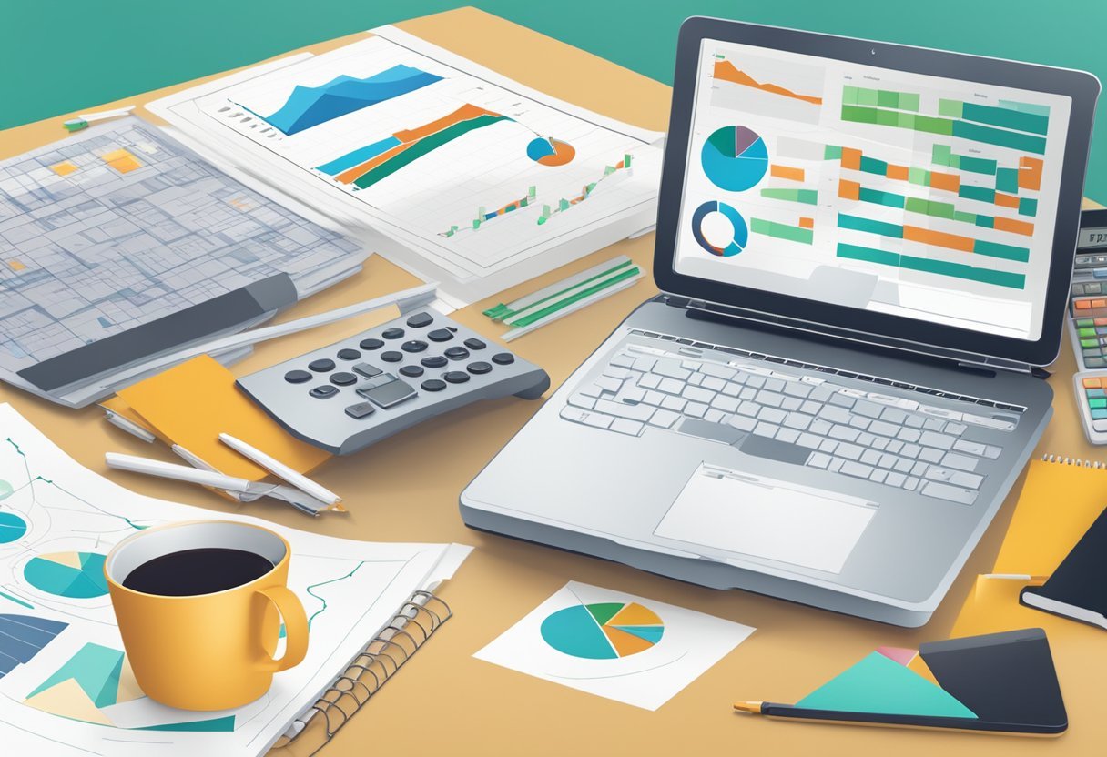 A table with financial documents, a calculator, and a laptop, surrounded by charts and graphs, representing the analysis of Tranont's cost and value proposition