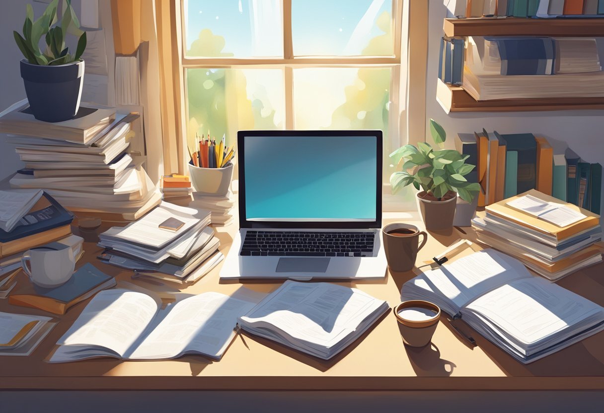 A cluttered desk with scattered papers, a laptop, and a cup of coffee. A bookshelf filled with art supplies and reference books. Sunlight streams through the window onto the workspace