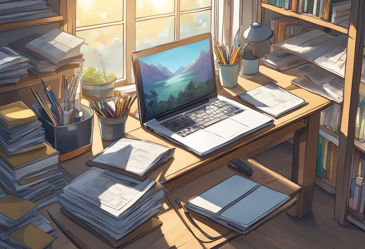 A cluttered desk with scattered papers, a laptop, and art supplies. A bookshelf filled with reference materials and sketchbooks. Sunlight streams in through a window, casting shadows on the workspace