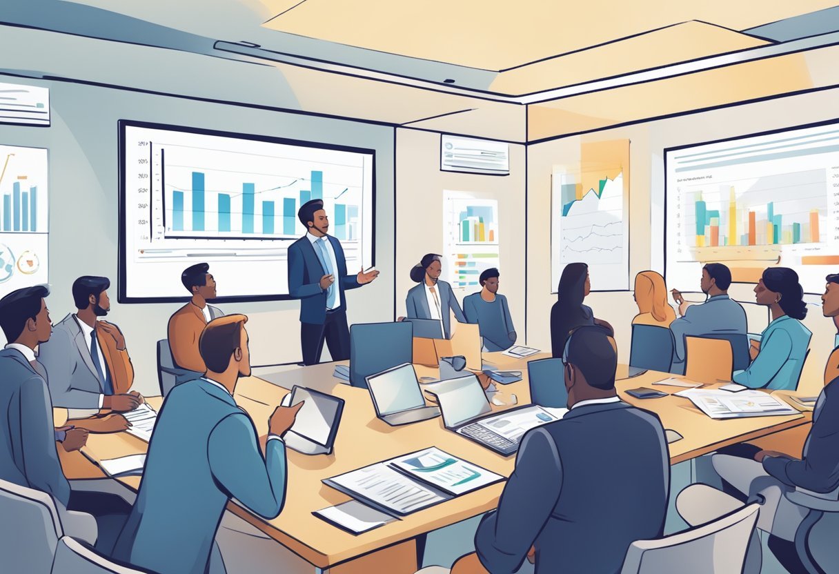 A crowded conference room with a whiteboard filled with charts and graphs. Executives engaged in a lively discussion, pointing to different data points