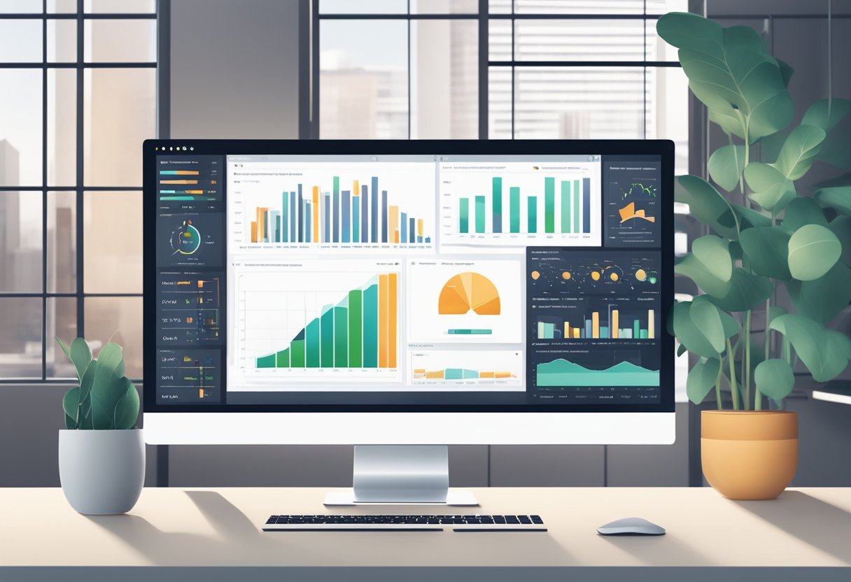 A computer monitor displaying Vantage Point Ai interface with charts and graphs, surrounded by a modern office setting with natural light