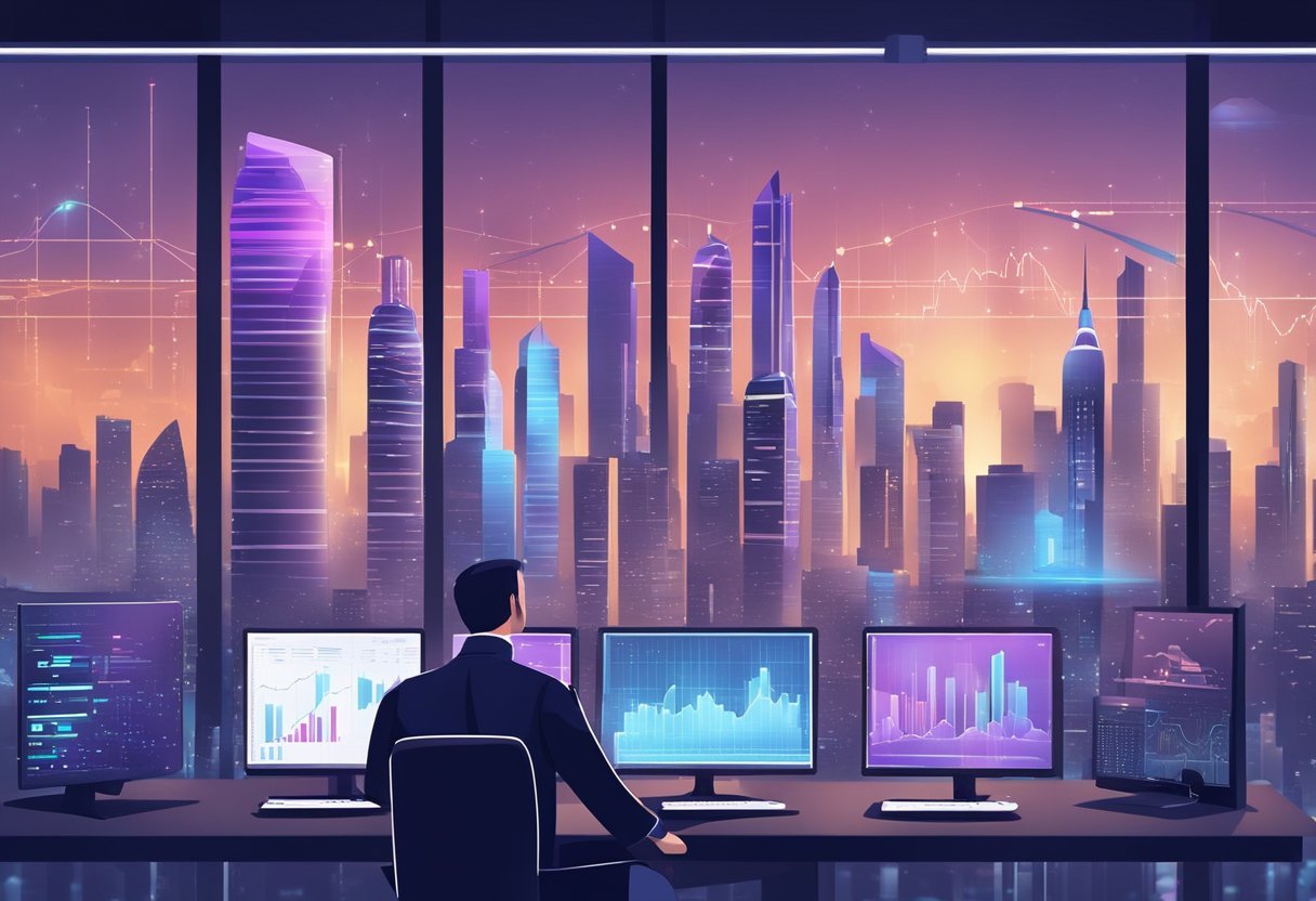 A futuristic city skyline with data charts and graphs projected onto buildings, while a computer program analyzes market trends