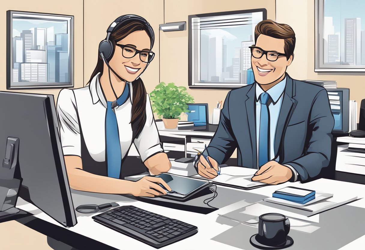 A modern office desk with a computer, phone, and notebook. A customer service representative assisting a client with a smile