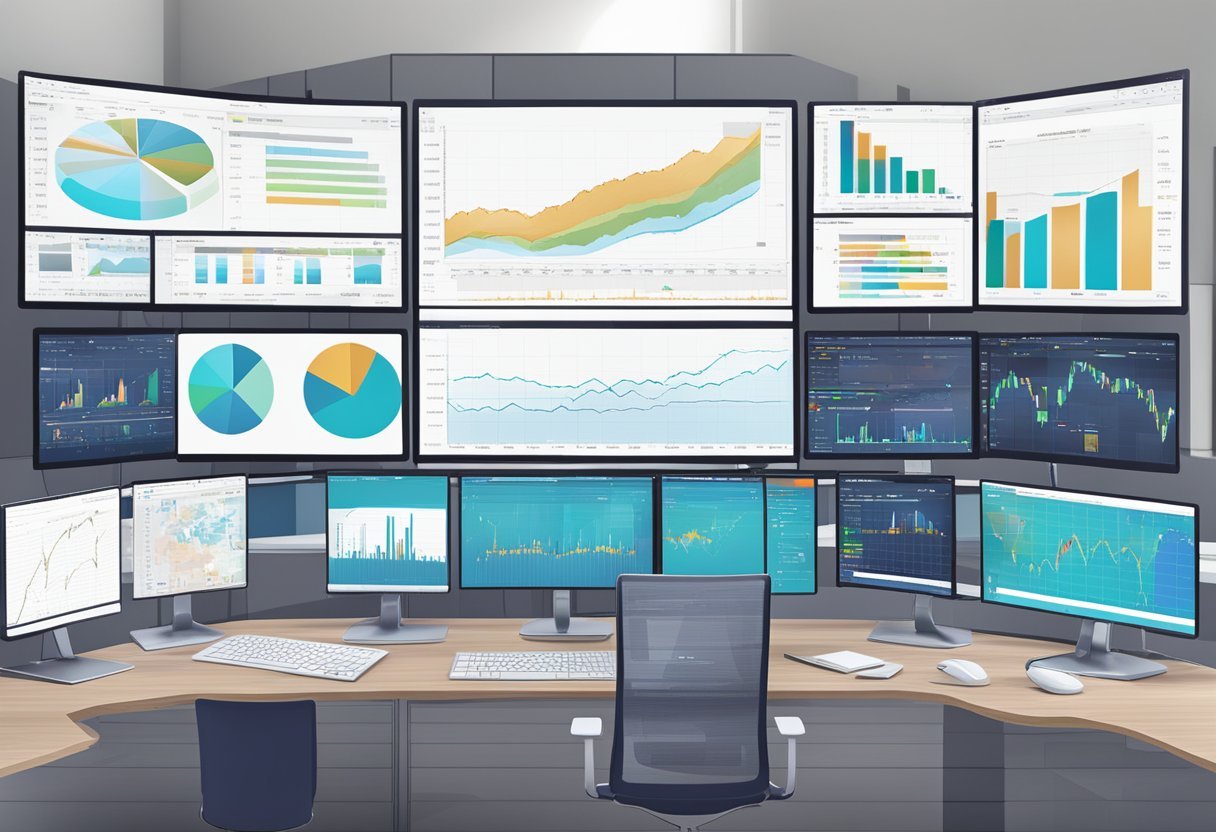 The scene shows multiple market charts displayed on computer screens, with VantagePoint AI software interface in the foreground. Various market data and analysis tools are visible on the screens